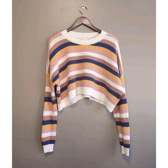 Hollister Size Small Cropped Sweater Womens Knit Pullover Stripes Crew Neck LS S - Picture 1 of 5